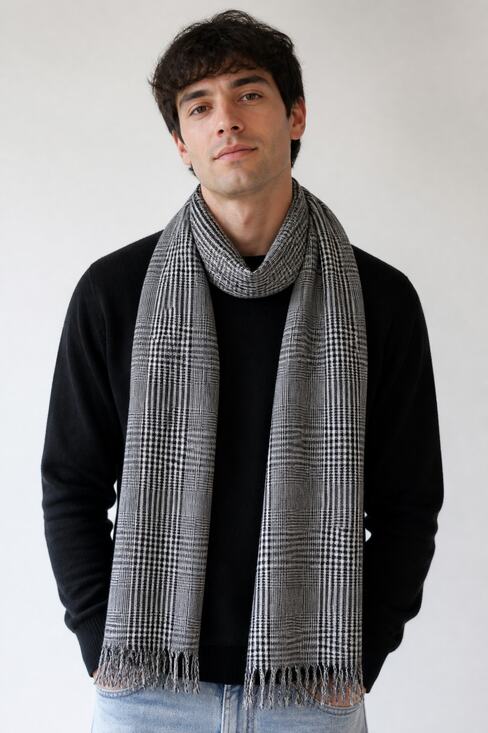 Brioni Jewelry - Brioni Men’s Gray Black Plaid Cashmere Silk Wool Fringe Scarf Luxury 35 x 22.5in